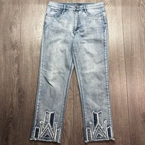 Light Wash Straight Leg Jeans with Embroidered Hem